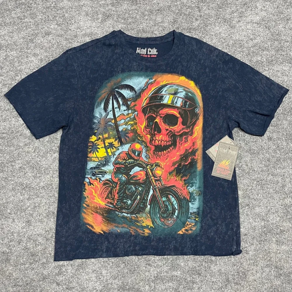 Biker Shirt Mens Large Blue Mad Cult Rescued From The Embers Skull Graphic Boxy